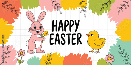 Cheerful cartoon bunny and chick holding Easter eggs on pastel background