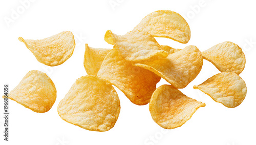 Foto Golden crispy potato chips scattered and textured, isolated on transparent backg