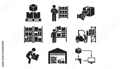 Warehouse logistics and inventory management icon set