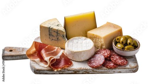 Rustic board of cheeses meats and olives, isolated on transparent background