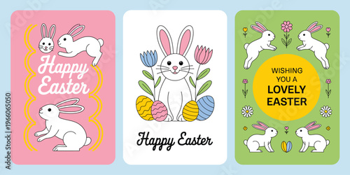 Three illustrated Easter greeting cards with bunnies and chicks