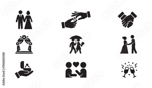 Collection of wedding and marriage ceremony icons