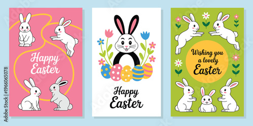 Three Easter greeting cards with bunnies and spring flowers