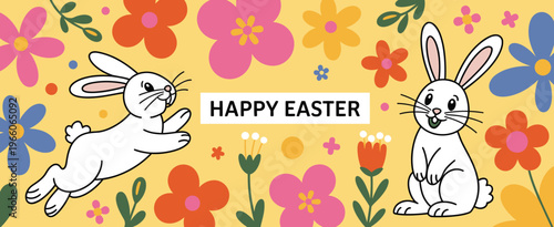 Cute Easter bunny with colorful spring flowers greeting card