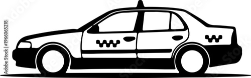 Black and white illustration of a classic sedan taxi cab with taxi symbols on the doors