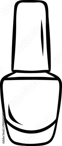 Nail polish bottle with brush cap, simple black and white sketch. Hand-drawn cosmetic for beauty branding or nail art packaging