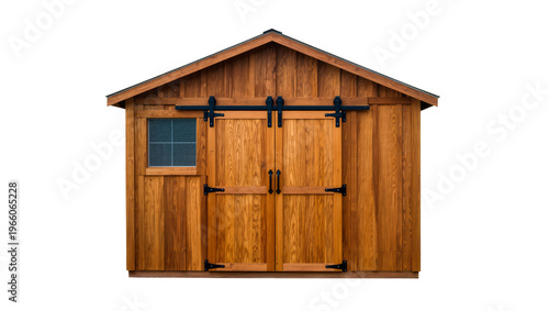Konstfotografi Rustic wooden shed with black barn doors, isolated on transparent background