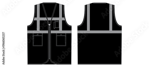 Black safety vest front and back view with reflective stripes isolated