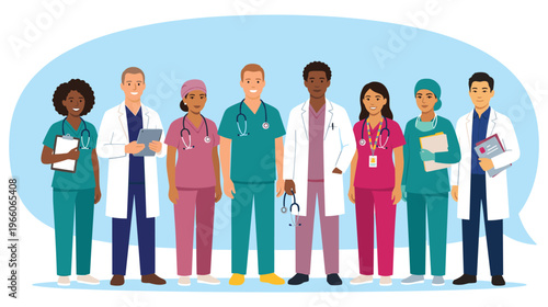 Medical staff standing together, diverse group of doctors, nurses, and other healthcare workers
