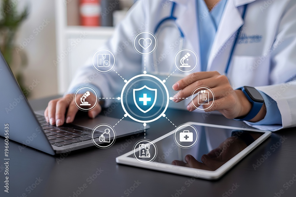 Fototapeta premium Doctor using laptop and tablet with healthcare icons