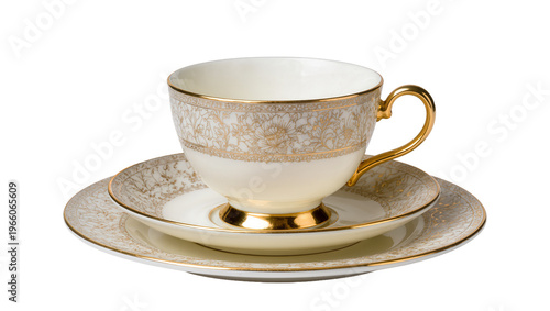 Cream bone china tea set gold pattern, isolated on transparent background