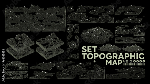 Abstract topographic map with 3D terrain lines. Wireframe mountain landscape, contour elevation and geographic relief pattern. Vector set