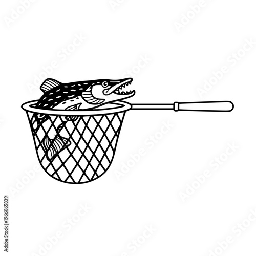 Minimalist black and white line art icon: a fishing landing net with a long straight handle and circular rim. The mesh is a diamond grid pattern. Inside the net is a fish with an elongated body, large