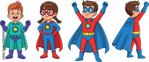 Superhero Kid Icon Set Featuring Boys and Girls in Colorful Capes for Children’s Themes, Comics, and Fun Designs
