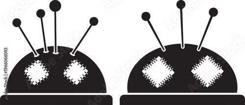 A black and white icon illustration featuring two sewing pincushions with pins and stitched patches