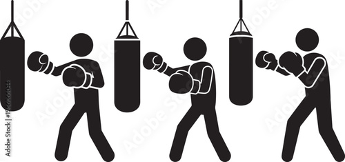 Stick figure illustration of a boxer training with a heavy punching bag in three different poses.