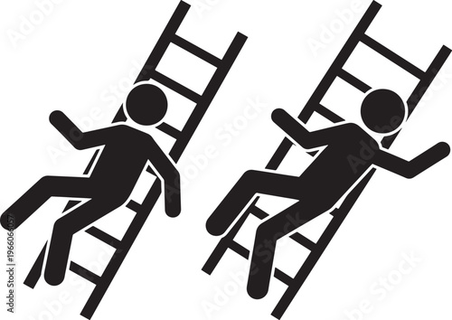 Two stick figures falling off ladders illustrating workplace safety hazards and potential accidents