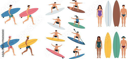 Surfing Icon Set Featuring Surfers with Surfboards, Paddling, and Various Beach Activities for Sports, Summer, and Travel Themes
