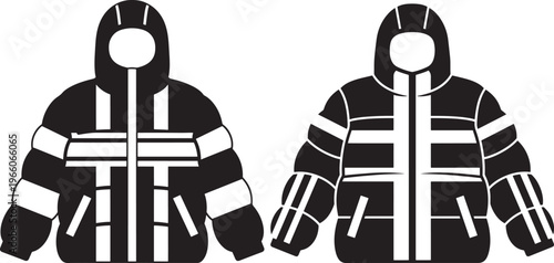 Two black and white illustrations of hooded safety jackets with reflective stripes for workwear