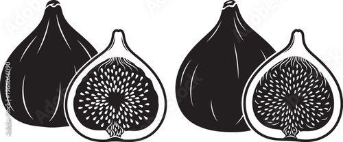 A black and white illustration depicting whole and halved figs, showcasing their internal seed structure