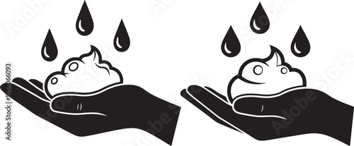 A black and white icon illustrating the concept of handwashing with soap and water drops