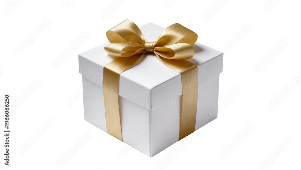 Fototapeta premium White gift box with golden ribbon bow isolated on transparent background, for celebrations
