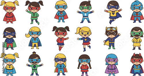 Superhero Kid Icon Set Featuring Boys and Girls in Colorful Costumes with Capes for Fun, Comics, and Children’s Themes
