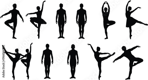 ballet dancer silhouettes collection, graceful dance poses set, classical performance art, elegant movement concept, male and female dancers illustration, artistic choreography design