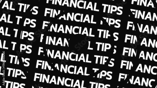 Rotating circular text animation displaying financial tips phrase arranged in concentric motion with central empty space for overlay content.