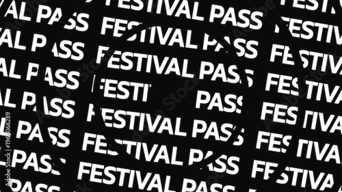 Rotating circular text animation displaying festival pass phrase arranged in concentric motion with central empty space for overlay content.
