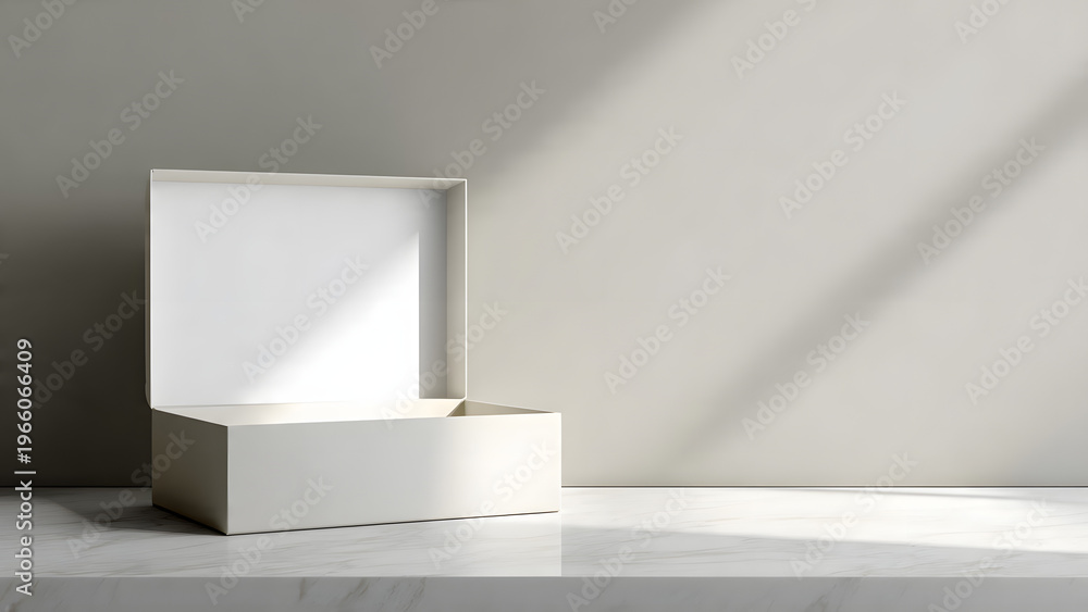 Fototapeta premium An open white box sits on a marble surface, casting a shadow against a neutral wall.