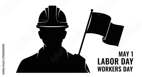 1 may, may day, Labor day icons representing international workers, silhouette of a builder in hardhat holding a flag, vector