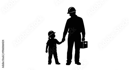 1 may, may day, Labor day icons representing international workers, silhouette of a builder father holding hands with child, vector