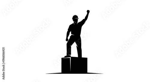 1 May, Labor day icons representing international workers, silhouette of a triumphant builder standing on a podium, vector