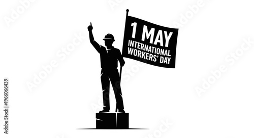 1 may, may day, Labor day icons representing international workers, silhouette of a proud builder standing on a pedestal holding a flag, vector
