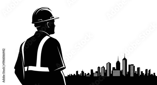 1 may, may day, Labor day icons representing international workers, silhouette of a builder engineer looking at city skyline, vector