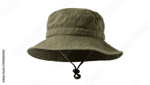 Фотография Olive green bucket hat wide brim chin strap, isolated on transparent background