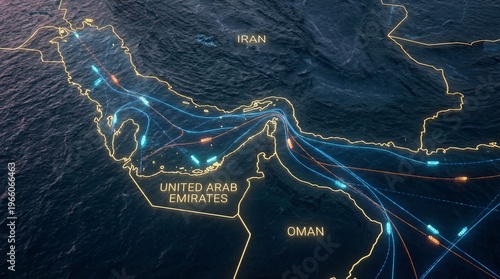 Tableau sur toile Neon Map strait of hormuz of Maritime Shipping Routes in the Persian Gulf