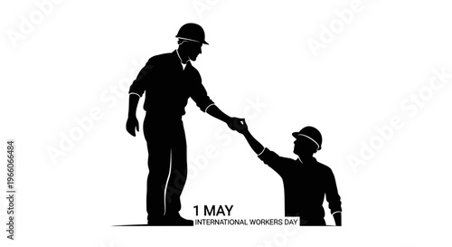 1 May, Labor day icons representing international workers, silhouette of two builders shaking hands and helping each other, vector
