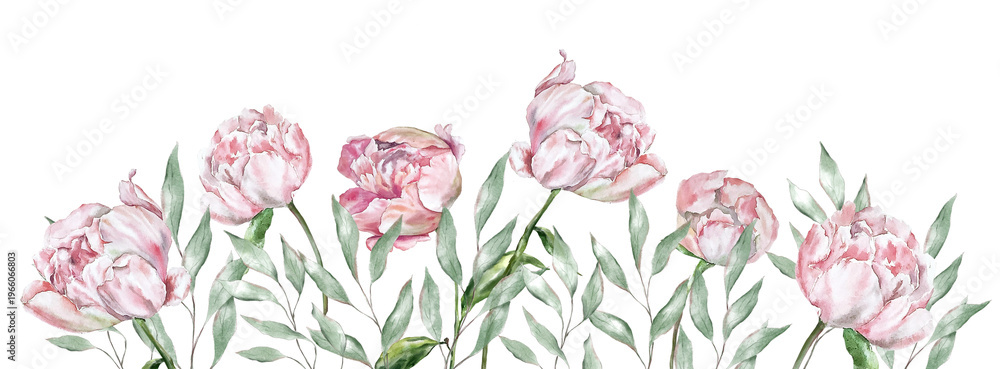 Fototapeta premium Elegant watercolor frames, backgrounds, and banners with peonies and eucalyptus leaves. Perfect for wedding invitations, stationery, branding, social media, and romantic floral design layouts
