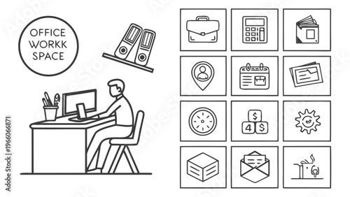 A minimalist vector graphic illustration of an office workspace with a man working at a desk surrounded by various office supplies and icons.