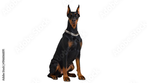 Fotografía Doberman silver collar sitting, isolated on transparent background