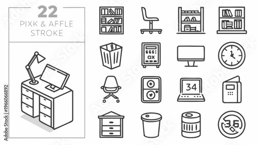A set of office icons and symbols in a minimalist line art style