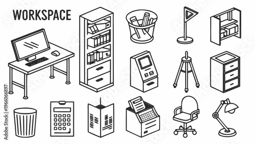 A minimalist vector graphic illustration of a modern workspace with various office supplies and furniture