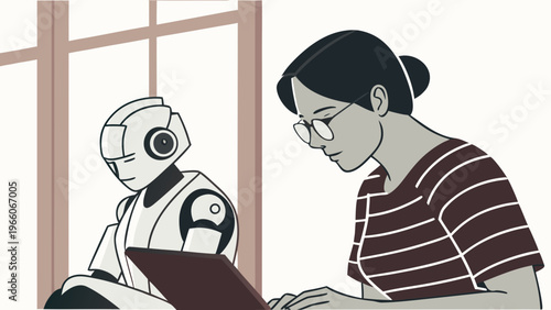 A woman and a robot sitting together using a laptop in a modern workspace