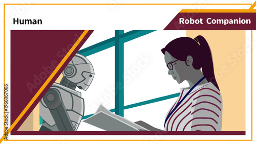 A vector graphic illustration of a human and robot companion working together