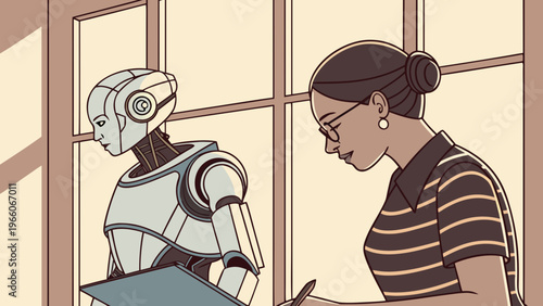A woman and a robot are discussing something in a modern office setting.