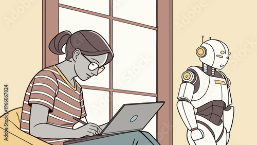A woman works on her laptop with a robot standing beside her in a modern room