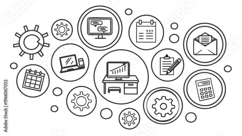 A vector graphic illustration of various office and productivity icons in a circular arrangement