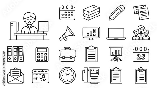 A set of office and business icons in a flat, minimalist line art style